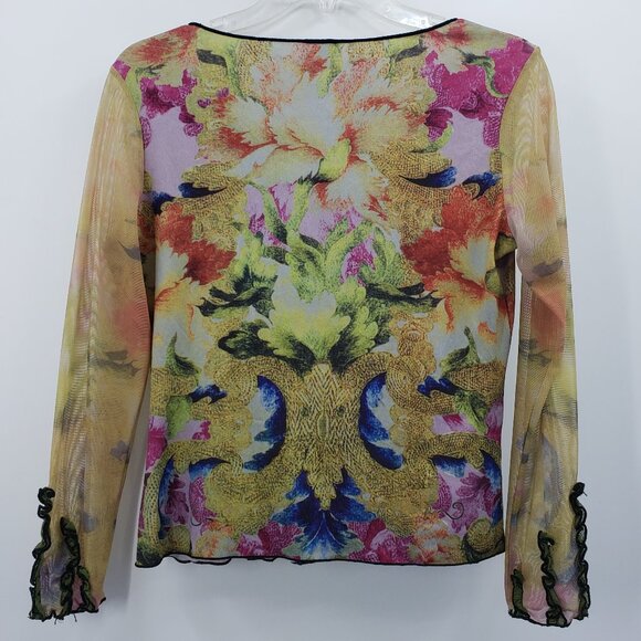 Vtg Y2K Maurices Mesh Sleeve Top Size S Digital Floral Print Ruffles Fairycore - Picture 6 of 9